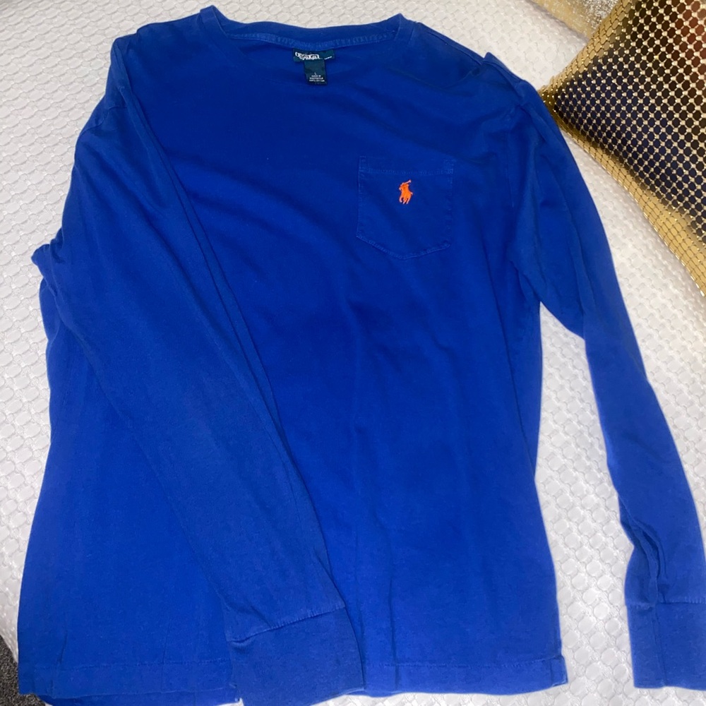Polo Long Sleeve Tee - Blue - size large - orange emblem